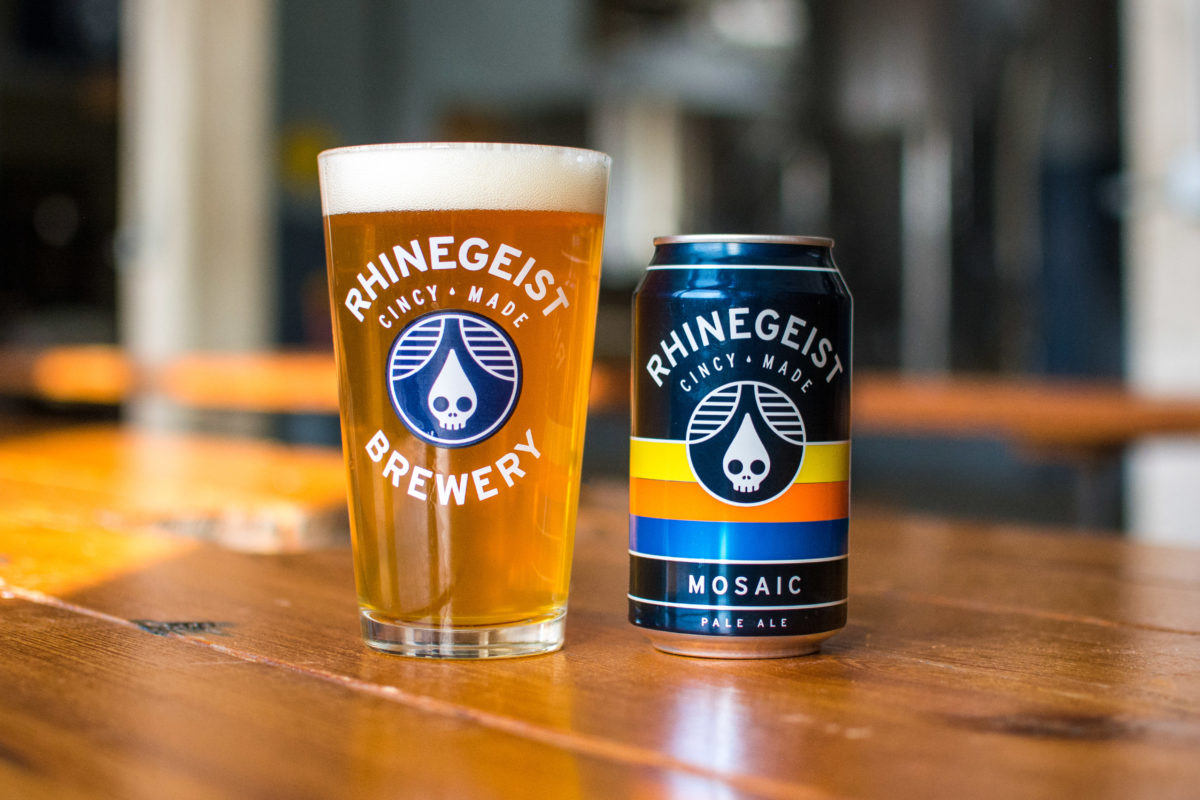 Rhinegeist Mosaic can next to int glass