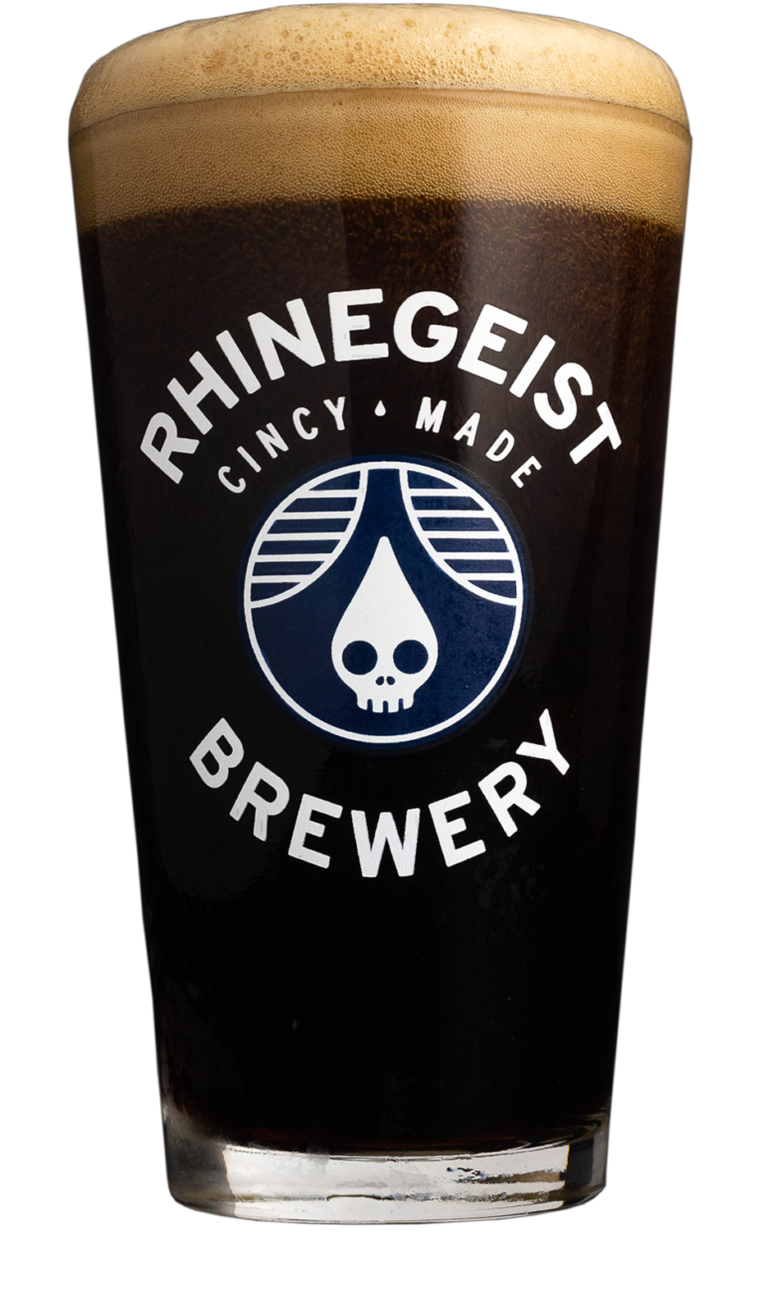 Pint of dark beer in Rhinegeist glass