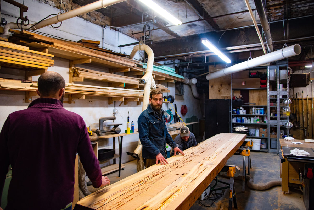 Rhinegeist brewery woodworking team in the shop