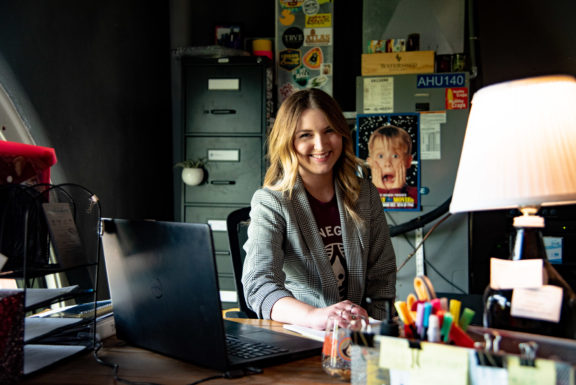 Aislinn at her desk at Rhinegeist Brewery