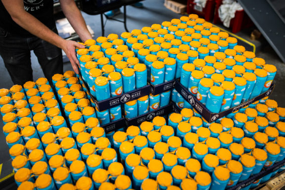 Pallets of cans at Rhinegeist Brewery