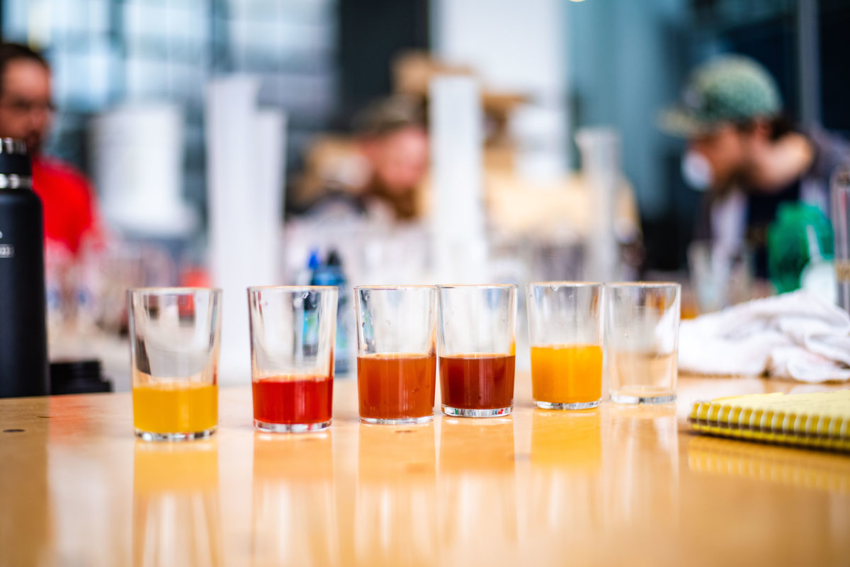 tasting glasses with sour beer at Rhinegeist Brewery