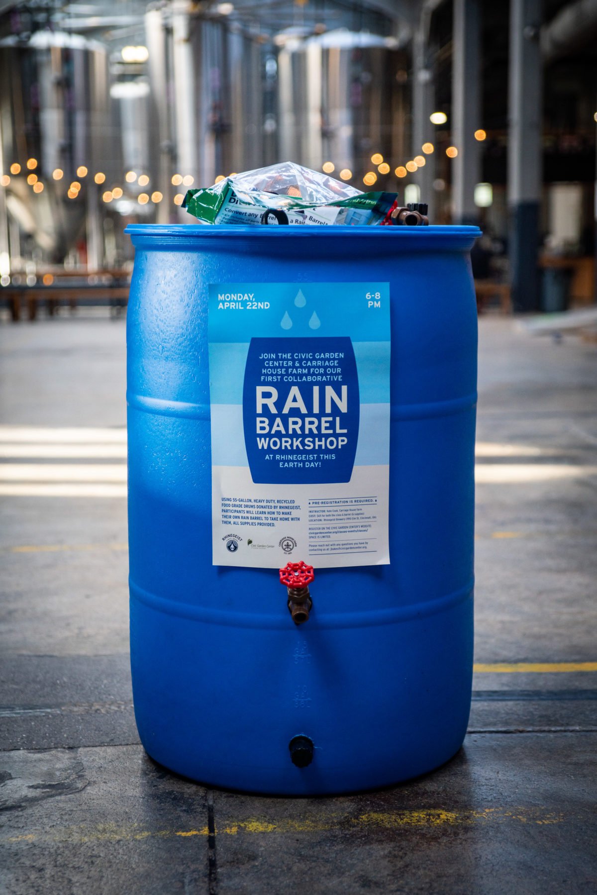 Blue rain barrel in Rhinegeist brewery taproom